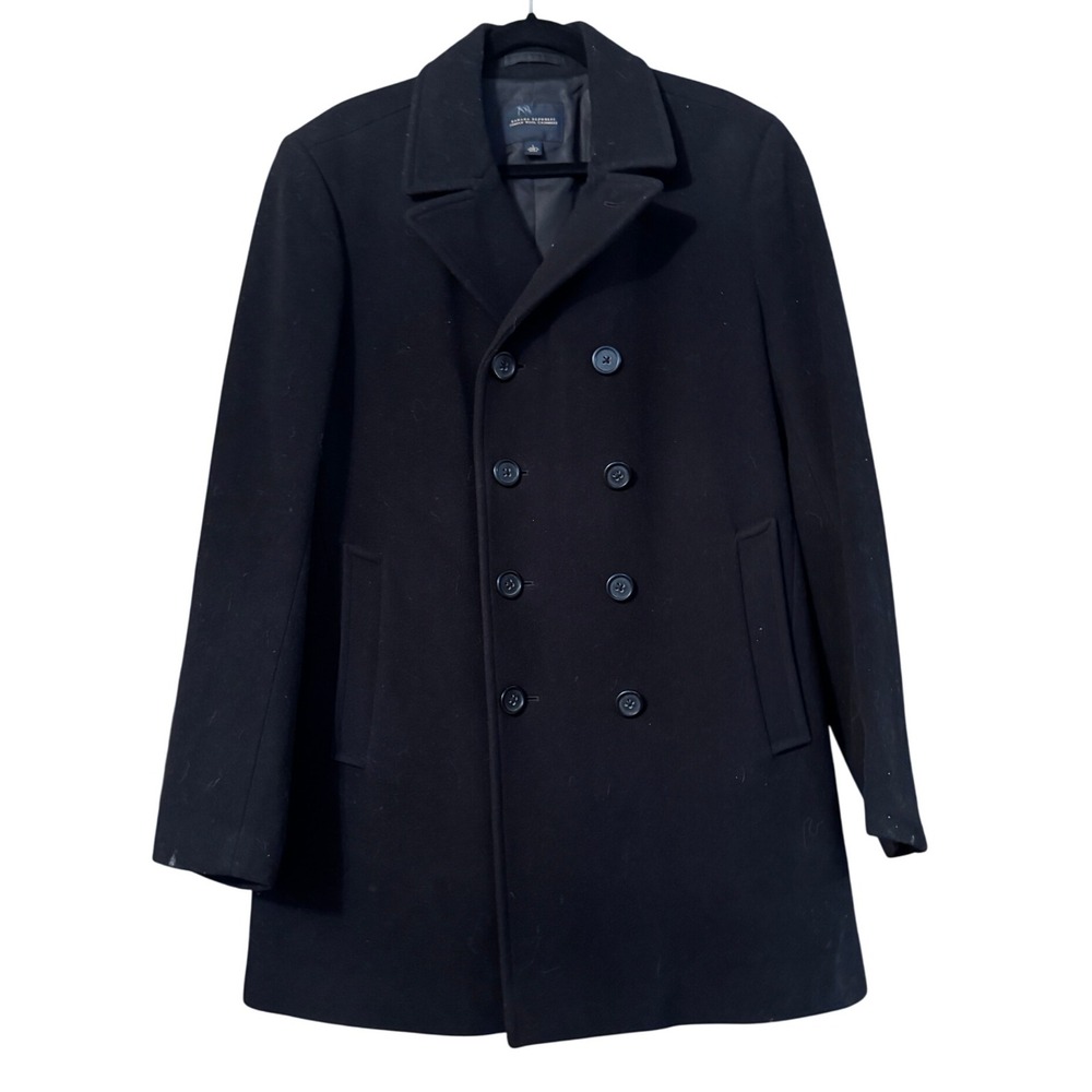 Banana Republic Italian Wool Cashmere Double Breasted Peacoat Men Size L Black - Picture 2 of 8